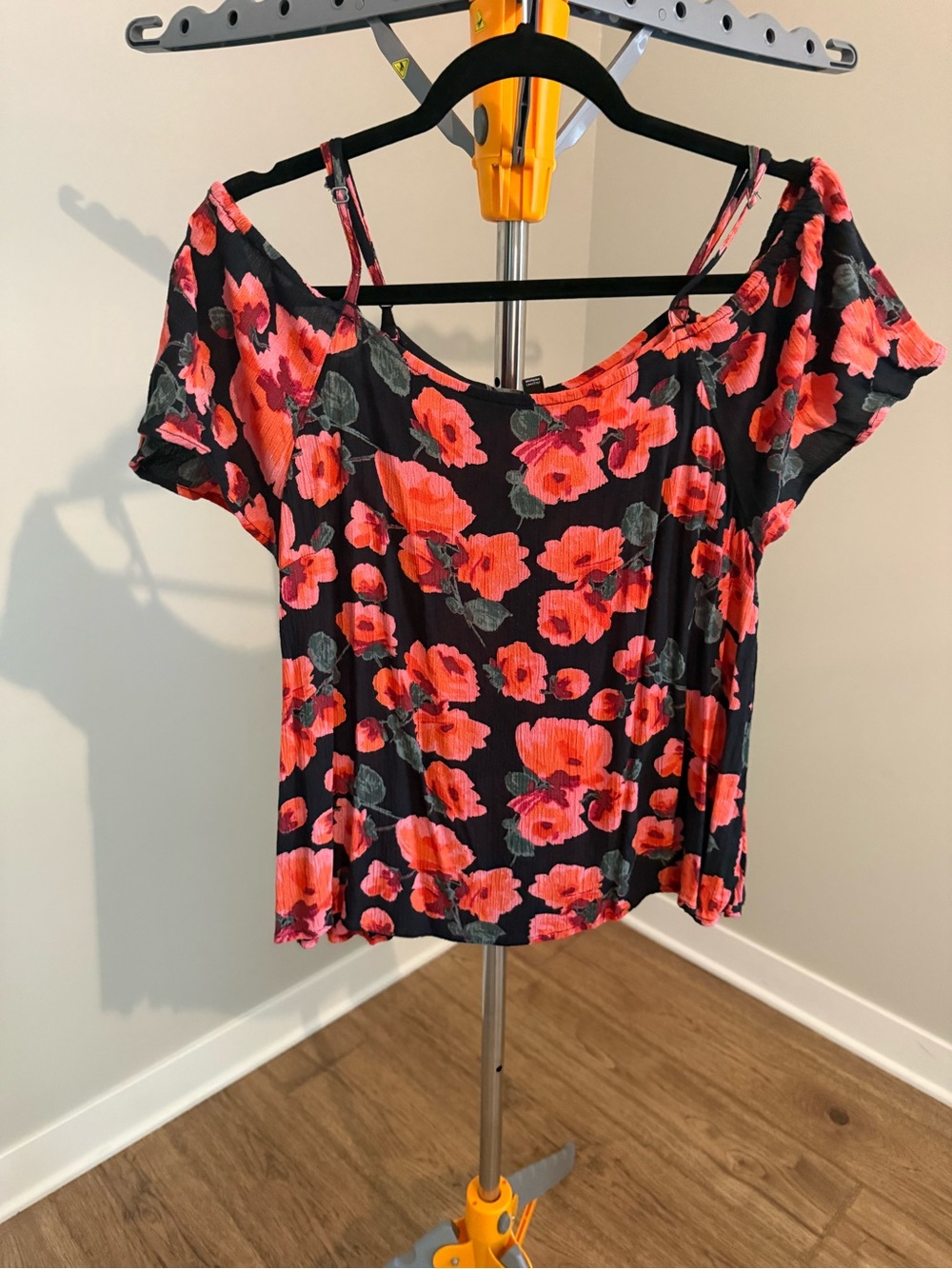 Billabong Black Crop Top with Bright Coral Floral Print